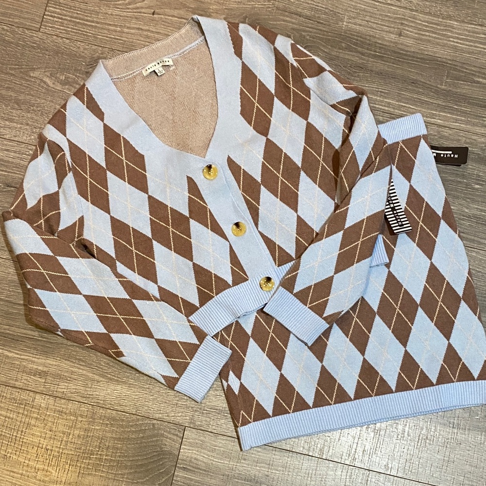 Haute Monde Pale Blue and Brown Argyle Knit Sweater & Skirt Set NWT